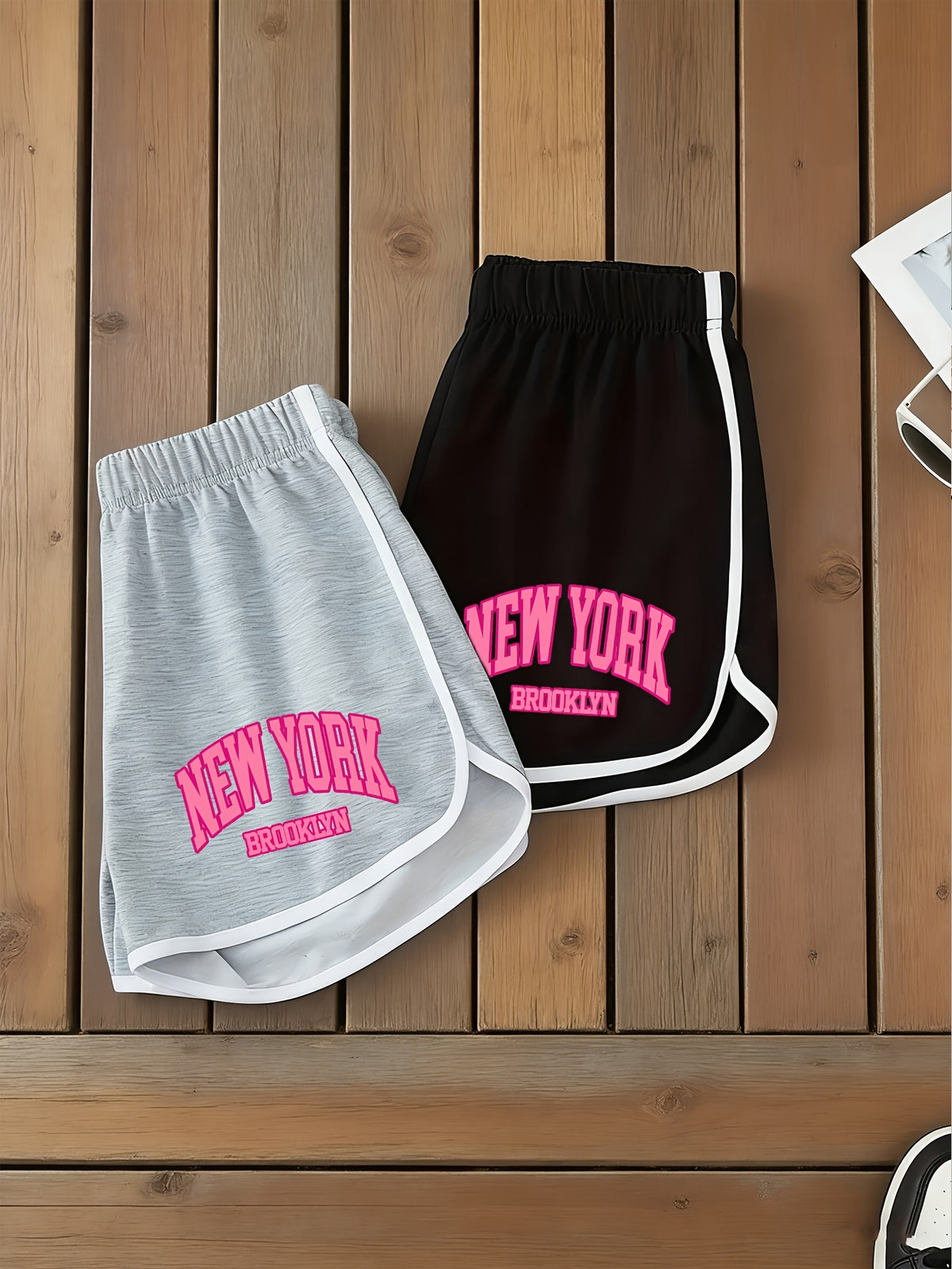 Two-Pack American Vintage NEW YORK Print Women's S Shorts, Summer Lightweight Versatile Hot Shorts, Hot Style Contrast Trim Letter Casual Shorts, Trendy Brand Y Running Pants, Sweet & Cool Style BROOKLYN Print S Shorts, Leg-Length Enhancing Versatile - Mixed colors