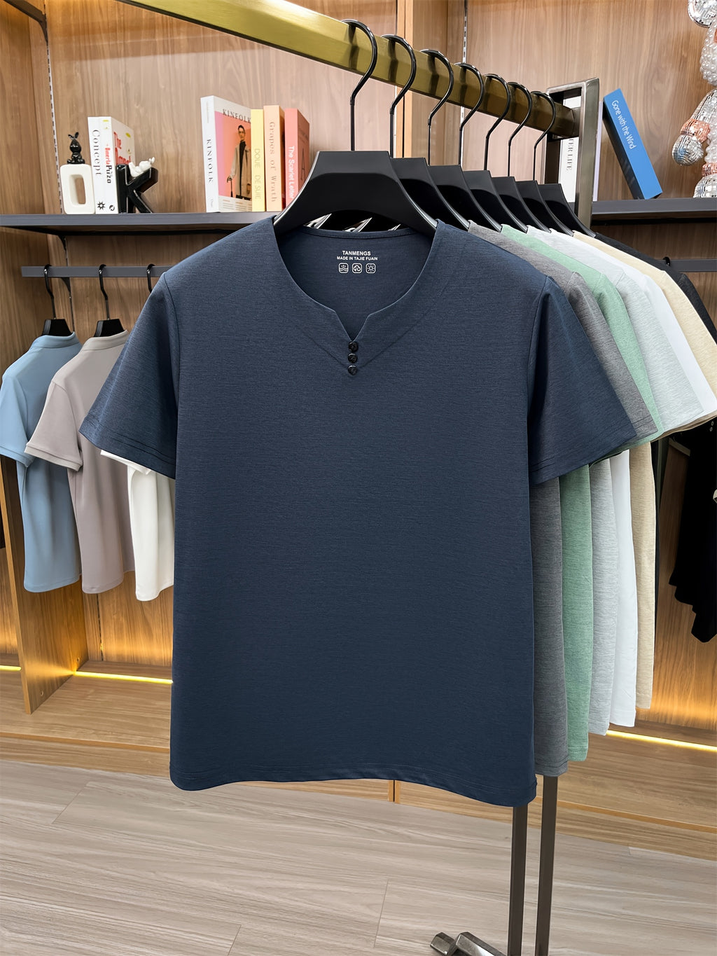 [Qiaoximei OBM] Summer New Men'S Henley Shirt, Collarless Solid Color Top, Faux Button Decoration, Golf Casual Wear, Suitable for Outings And Casual Wear, Men'S Gift - Navy Color
