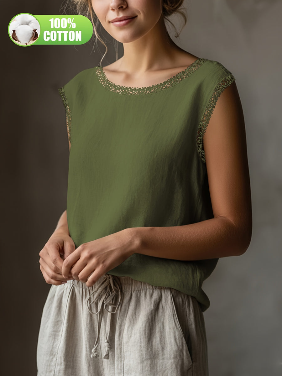 Summer Women'S Literary All- Retro Shirt 100% Top Lace Hollow Collar Loose Casual Versatile Everyday ASD1 - Green