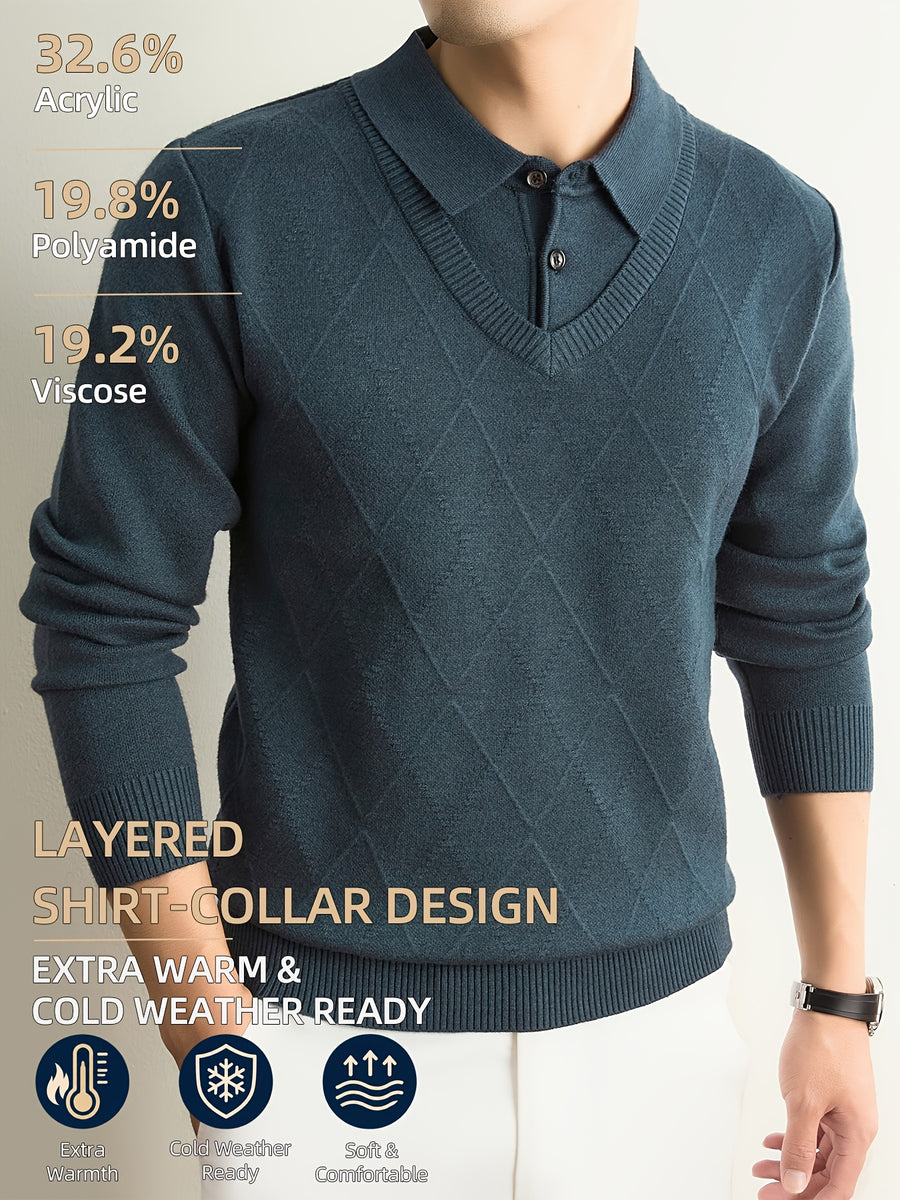 Men's Grey Polo Sweater, Faux 2pcs Shirt-Collar Design, V-Neck & Subtle Diamond Knit Pattern, Classic Refined Style, Warm Autumn Winter Pullover for Casual Wear, Golf & Outdoor Activities - Colorful Blue