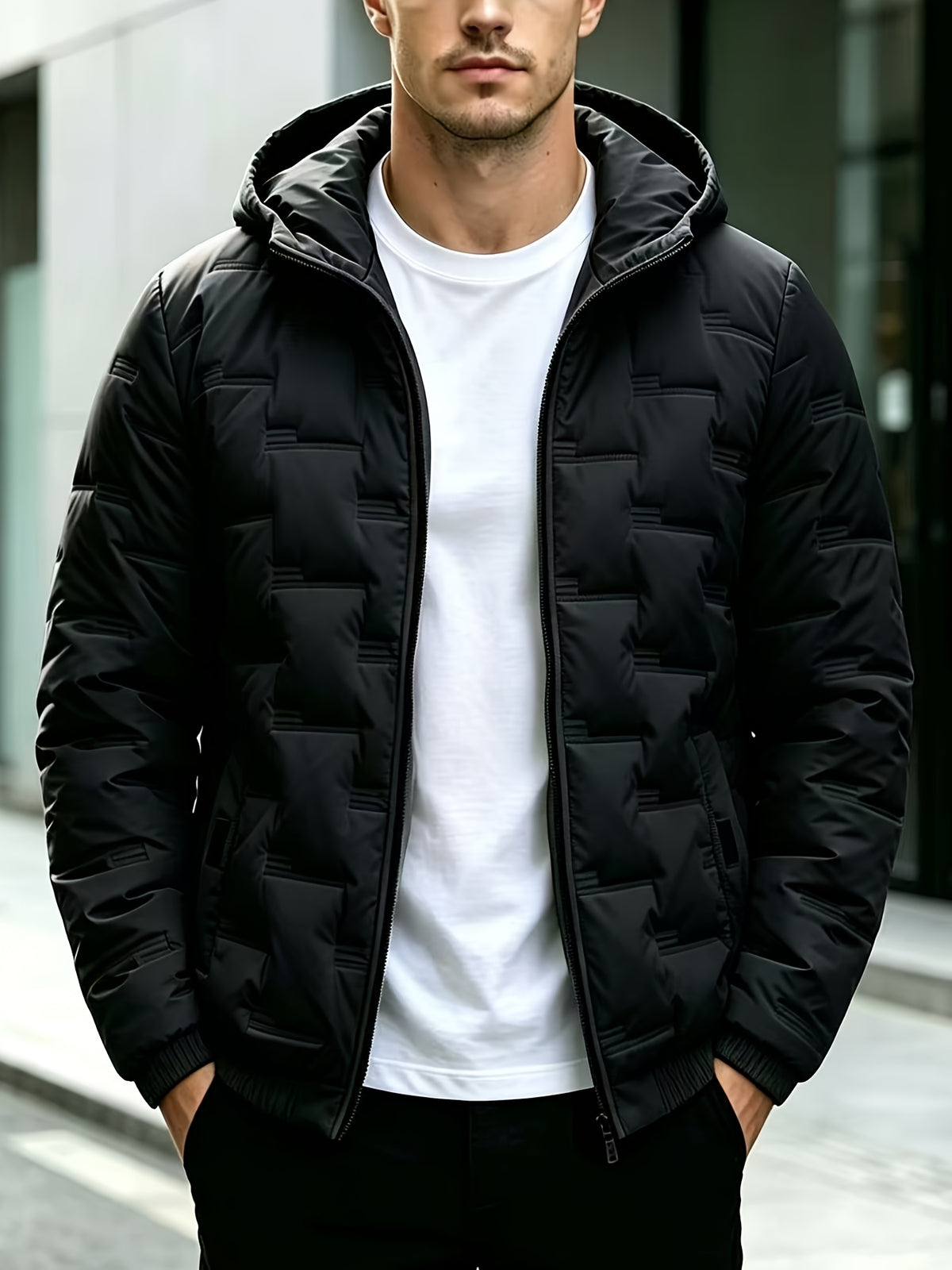 Men's Solid Color Hooded Jacket, Fashionable and Warm Winter Outerwear, Slim Fit Jacket, Simple and Trendy Design - Black
