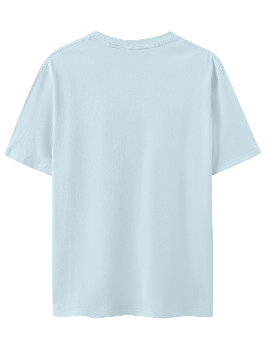 Men'S 100% Round Neck Short Sleeve T-Shirt with Turtle, Floral, And Wave Print, Comfortable, Soft, Breathable, Casual, Fashionable Summer Top - Light Blue Color