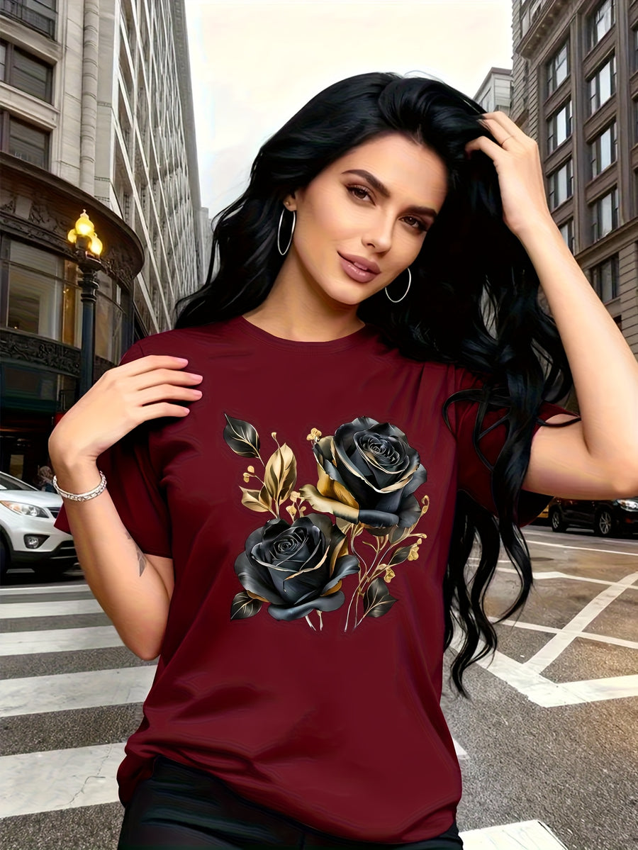 A Stylish And Breathable T-Shirt Featuring a Luxurious Vintage Design with a Black And Golden Rose Pattern, Perfect for Family Trips, Campus Events, Casual, Daily Commutes, Matching Outfits for Sisters, And Versatile Wear - Red