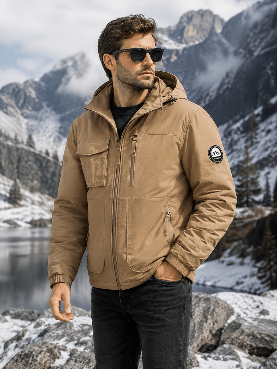 Fleece-Lined Cargo Jacket, Detachable Hood, Multi-Pocket Outerwear, Men'S Outdoor Hiking Commuter, Loose Thickened Plush Lining, Detachable Arm Badge Windproof Warm Functional Jacket - Khaki