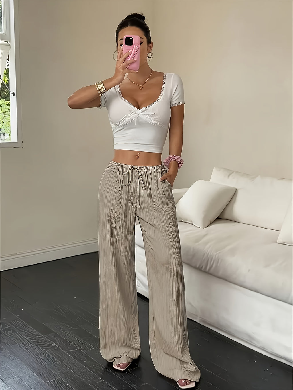 Women's Elegant Tie-Waist Wide-Leg Pants - Solid Color Machine-Washable Trousers for Spring, Summer, and Autumn, Versatile and Comfortable Style with Pockets for Both Casual and Formal Wear - Khaki