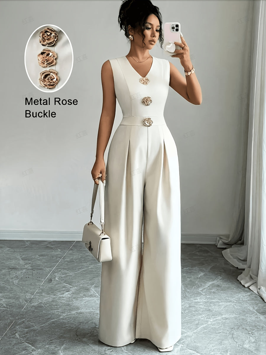 Light Luxury Elegant Style Metal Rose Buckle V-Neck Sleeveless Women'S Jumpsuit Wide-Leg Pants, High Drape Wrinkle-Resistant Easy-Care Fabric, Temperament High-Waist Wide-Leg Jumpsuit, Suitable for Commuting Banquets Parties Dates - White