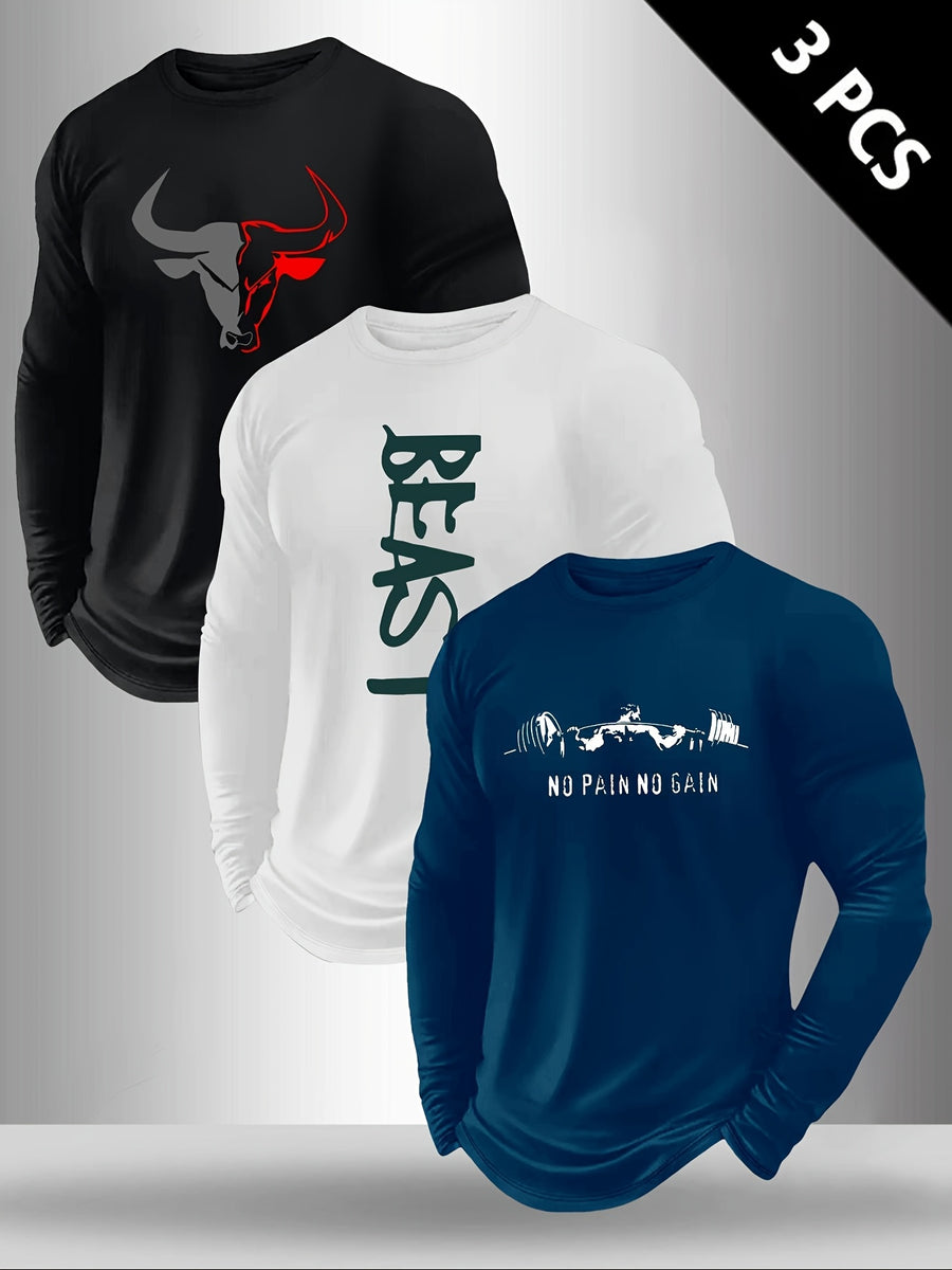 Set of Three Men'S Long-Sleeve T-Shirts, Featuring Print Regular Long-Sleeve Shirts for Spring And Autumn, Suitable for Outdoor Sports And Casual Wear - Black Blue White