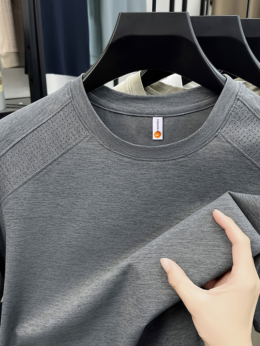 Men'S Solid Color Quick-Dry Round Neck T-Shirt, Versatile for Daily Commute And Light Sports, Breathable with Micro-Perforations, Enhanced Ventilation, Comfortable And Non-Sticky in Summer - Grey