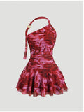 Exquisite Fashionable Party Attire Wedding Guest Graduation Birthday Evening Gown Women'S Elegant Halter Neck One-Shoulder Ruched Tulle Tailored Short-Length Dress Bridesmaid Dress Women'S - Red