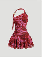 Exquisite Fashionable Party Attire Wedding Guest Graduation Birthday Evening Gown Women'S Elegant Halter Neck One-Shoulder Ruched Tulle Tailored Short-Length Dress Bridesmaid Dress Women'S - Red