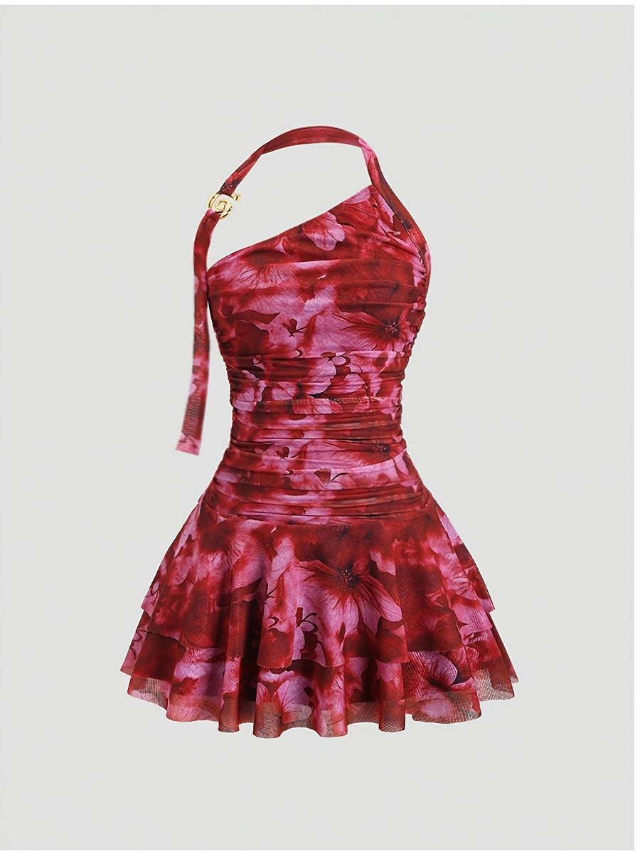 Exquisite Fashionable Party Attire Wedding Guest Graduation Birthday Evening Gown Women'S Elegant Halter Neck One-Shoulder Ruched Tulle Tailored Short-Length Dress Bridesmaid Dress Women'S - Red