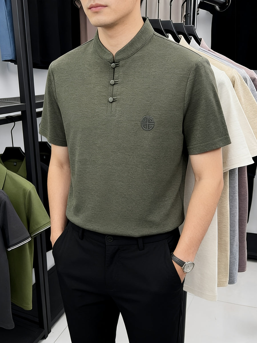 Summer New Fashion Chinese Style Comfortable Fabric Men'S Casual Sports Polo Shirt Short Sleeve, Gift, Casual Wear - Olive Green