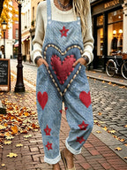 [Printed Pants - Not Denim Fabric] European and American Retro Heart and Star Faux Denim Overalls, Wide-leg Pants, Autumnal Style Women's Trousers - Mixed colors