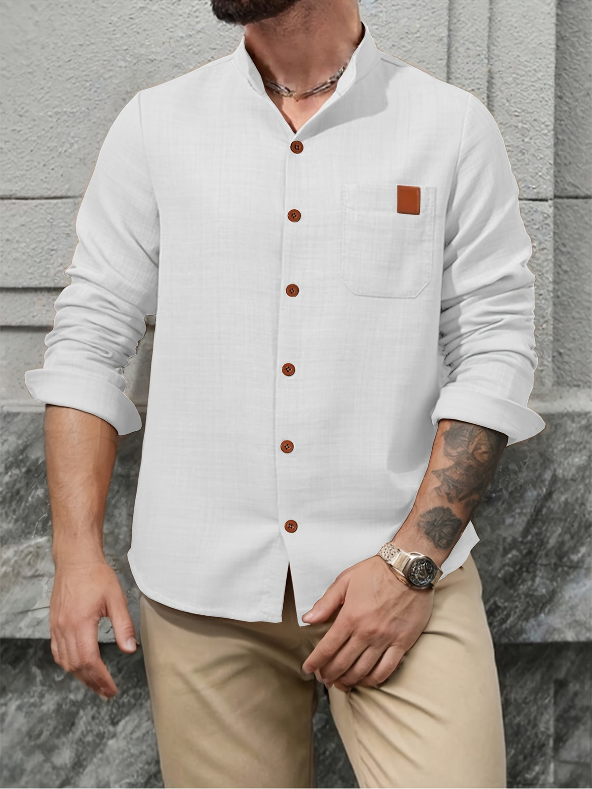 Men's Simple Solid Color Shirt with Stand Collar and Long Sleeves - White