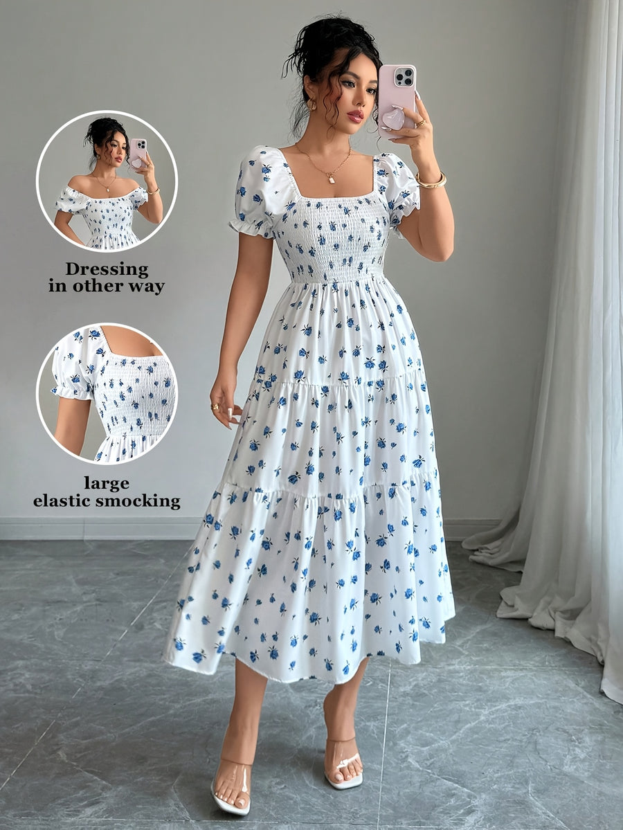 Women'S Ruched Square Neck Short Sleeve Ruffled Hem Dress with Ditsy Floral Print, Suitable for Casual, Work, Travel, Beach, Bohemian, Western, Music Festival, Countryside Style - Blue And White