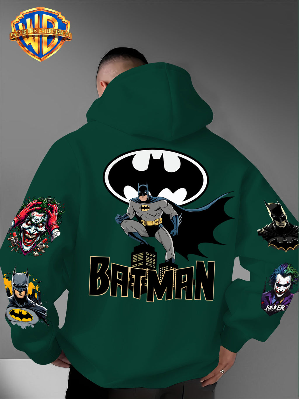 DC Batman Joker IP Official Hooded Sweatshirt with Gotham Crouching Batman on the Back + Bat Logo Themed Print, Drawstring Loose Hoodie, Wear-Resistant and Wash-Resistant Autumn/Winter Trendy Top - Green
