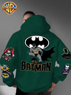 DC Batman Joker IP Official Hooded Sweatshirt with Gotham Crouching Batman on the Back + Bat Logo Themed Print, Drawstring Loose Hoodie, Wear-Resistant and Wash-Resistant Autumn/Winter Trendy Top - Green