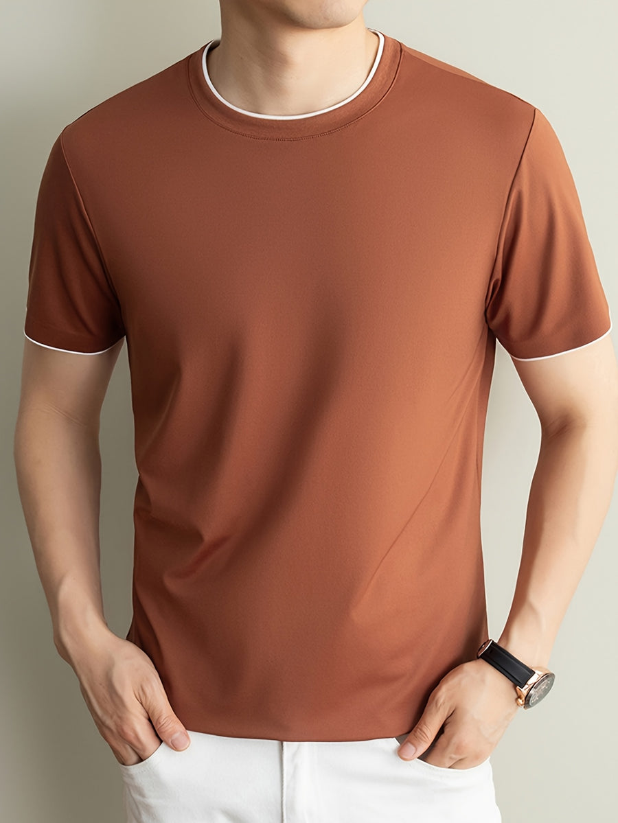 Summer Men'S Short Sleeve T-Shirt Casual Round Neck Solid Color Comfortable Cooling Breathable Polo Shirt - Orange