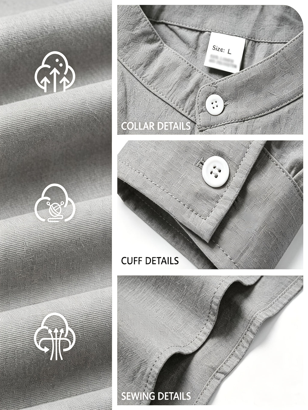Men's Linen Long-sleeve Shirt, Small Stand-up Collar Button- Casual Shirt, Solid Color Simple and Versatile Style, Suitable for Spring and Autumn Outdoor Activities, Travel and Vacation, and Daily Commuting Wear - Space Gray
