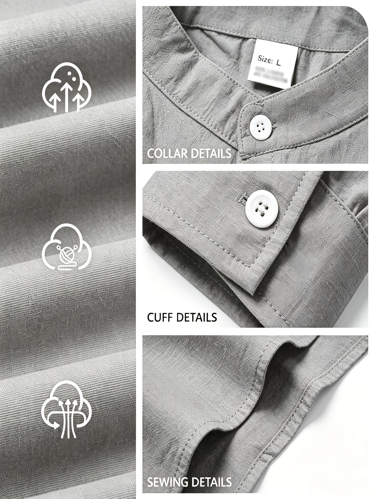 Men's Linen Long-sleeve Shirt, Small Stand-up Collar Button- Casual Shirt, Solid Color Simple and Versatile Style, Suitable for Spring and Autumn Outdoor Activities, Travel and Vacation, and Daily Commuting Wear - Space Gray