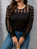 Women's Elegant Lace Trim Long Sleeve T-Shirt - Loose Fit Solid Black Top, Round Neck All-Season Machine Washable Blouse for Casual & Formal Wear, Versatile Fashion, Sophisticated Style, Layered Texture - Black