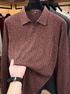 Men's Buttonless V-Neck Long-Sleeve Polo Shirt with Vertical Stripe Knit Lapel - Coffee Color