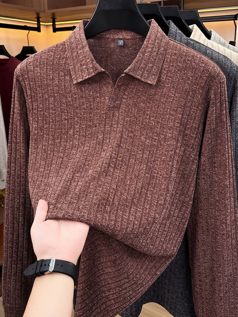 Men's Buttonless V-Neck Long-Sleeve Polo Shirt with Vertical Stripe Knit Lapel - Coffee Color