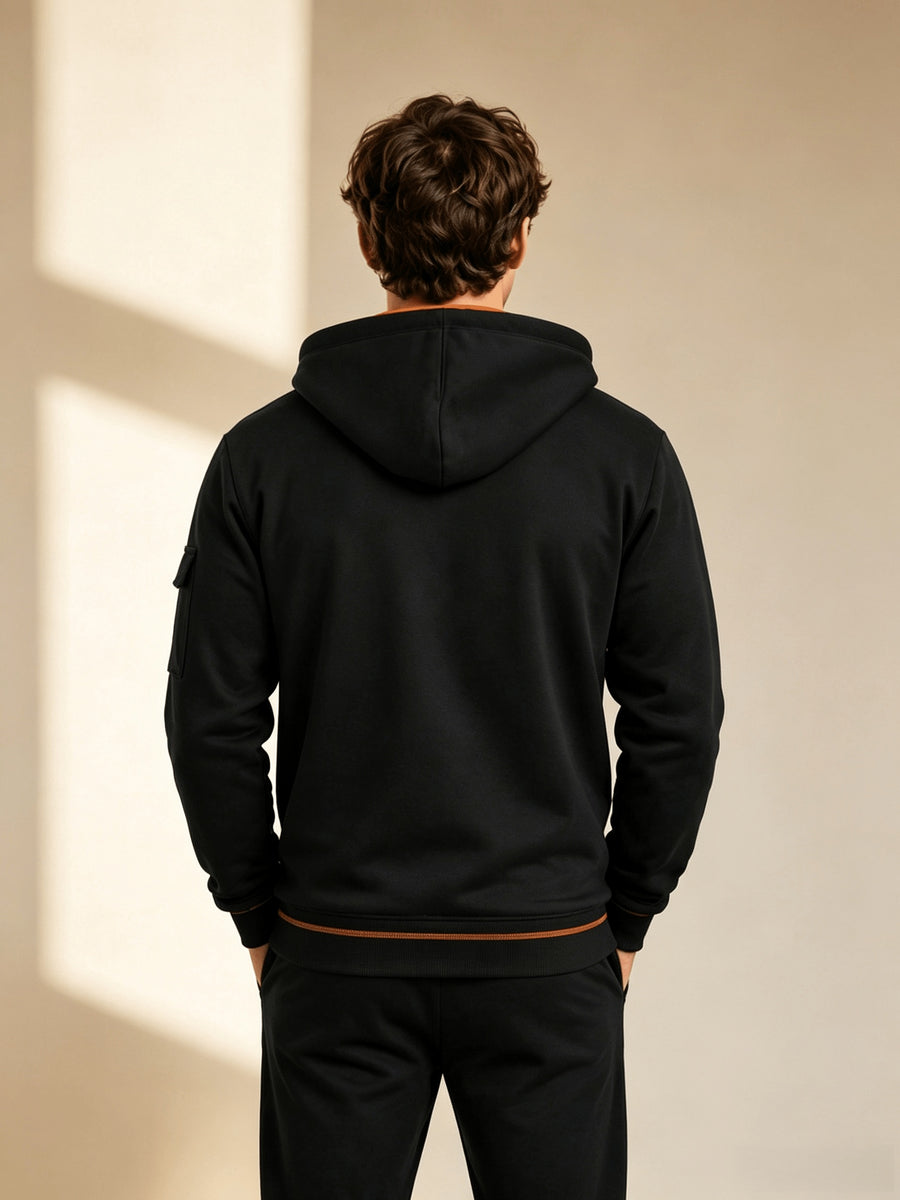 Men's Full Zip Hoodie, Contrast Color Hooded Sweatshirt with Cargo Pockets, Casual, Comfortable, Versatile Fall Winter Jacket - Black