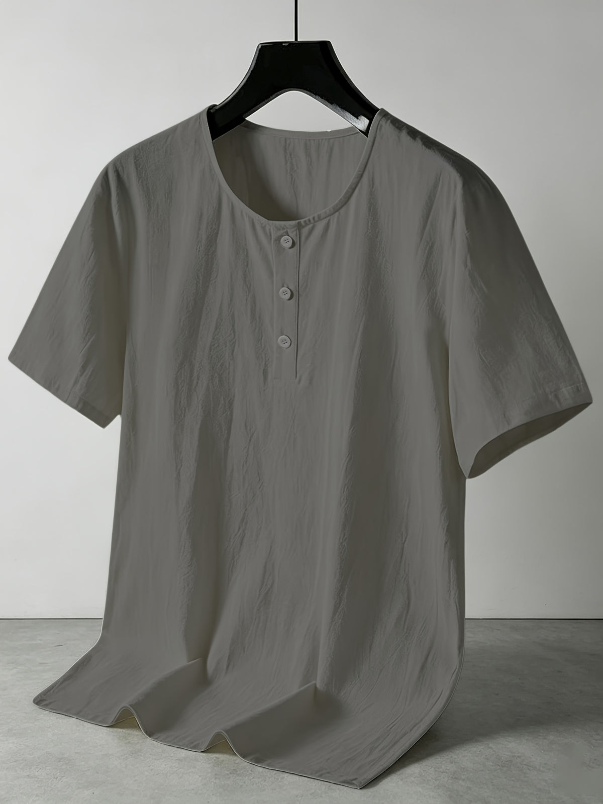 Summer Men's Linen Henley T-Shirts 2pcs, Loose Fit Short Sleeve Casual Tee, Breathable Lightweight Basic Tops for Daily Commute & Home Wear, Simple Versatile Design for Multi-Occasion. - Black+gray