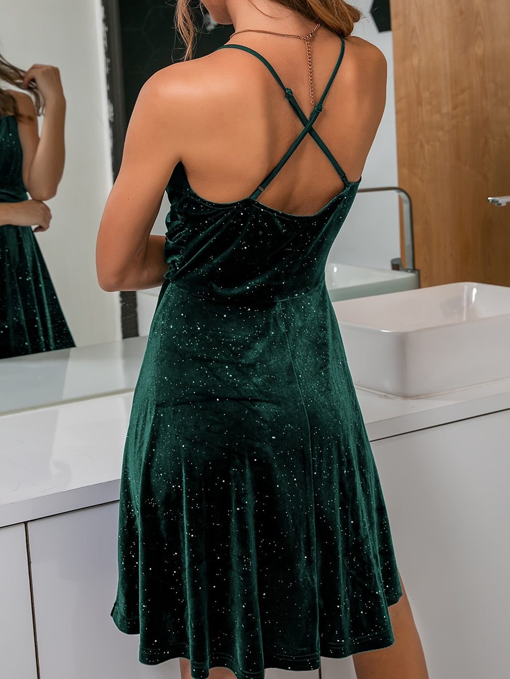 Ruched Crisscross Rhinestone Detail Velvet Cami Prom Party Dress - Dark Green