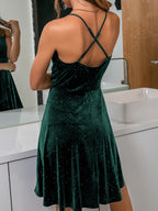 Ruched Crisscross Rhinestone Detail Velvet Cami Prom Party Dress - Dark Green