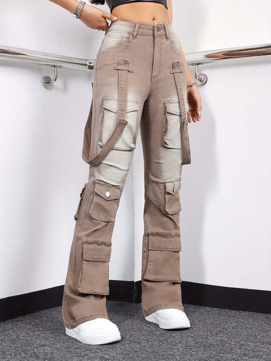 Women's High-Waisted Stretch Denim Cargo Pants with Multiple Pockets - Black Hip Hop Streetwear Style, Straight Leg Fit,, Perfect for Casual Outings, Spring Summer Pants | Cargo Style Jeans | Rugged Denim - Yellowish-brown