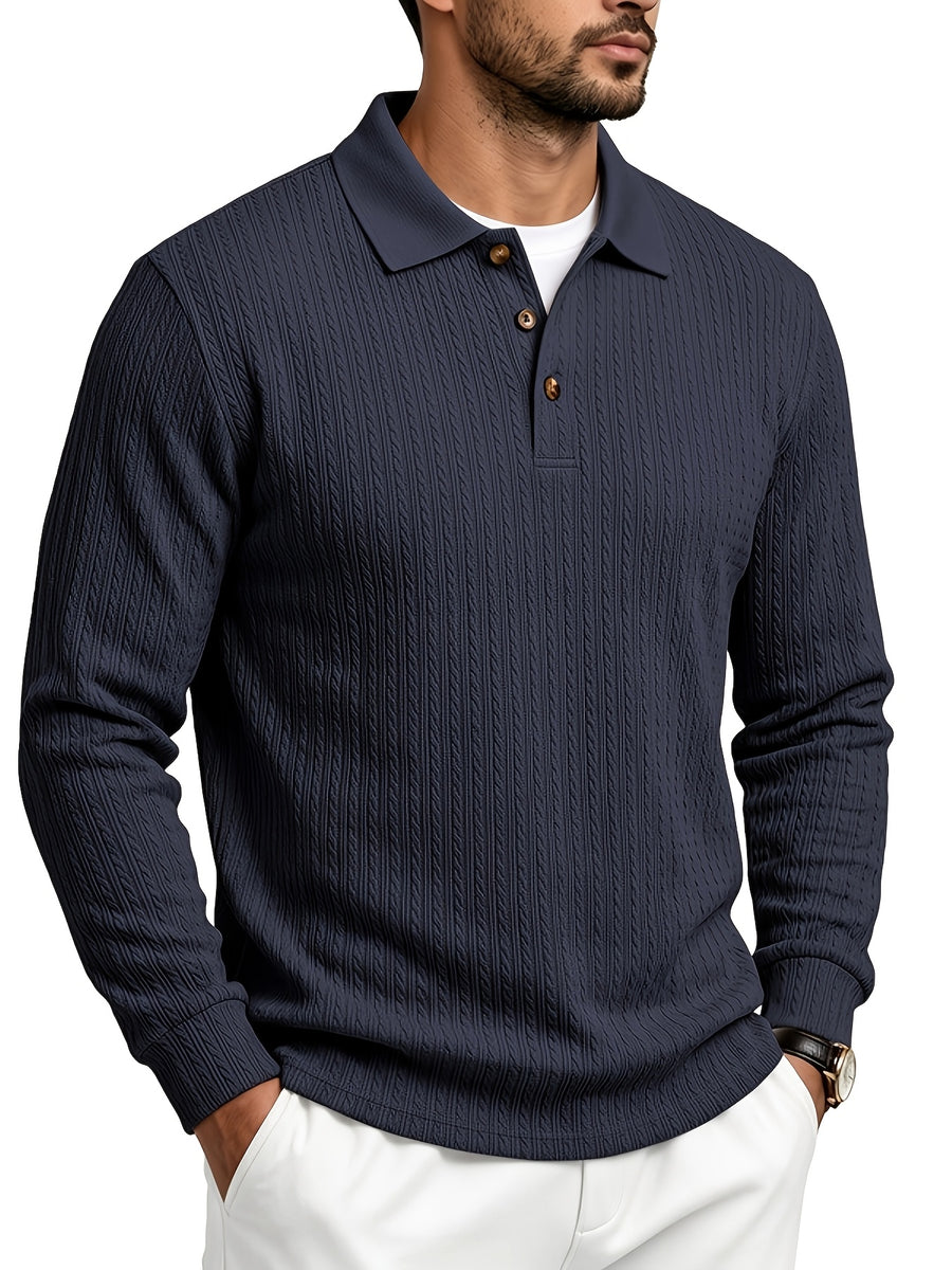 Spring/Autumn Men'S Long Sleeve Polo Shirt, High-Elastic Textured Vertical Rib Jacquard Collar T-Shirt, Business Casual Slim Fit Versatile Solid Color Pullover Top - Navy Color