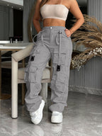 Multi-Pocket Cargo Pants, Retro Straight Wide-Leg Casual Trousers, Fashionable Trendy for Outings And Home - Light Grey