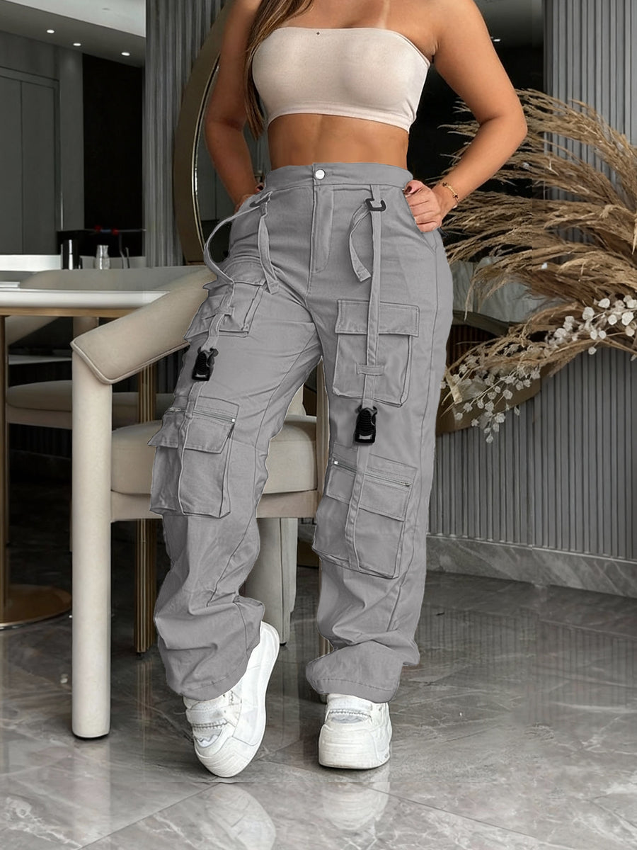 Multi-Pocket Cargo Pants, Retro Straight Wide-Leg Casual Trousers, Fashionable Trendy for Outings And Home - Light Grey