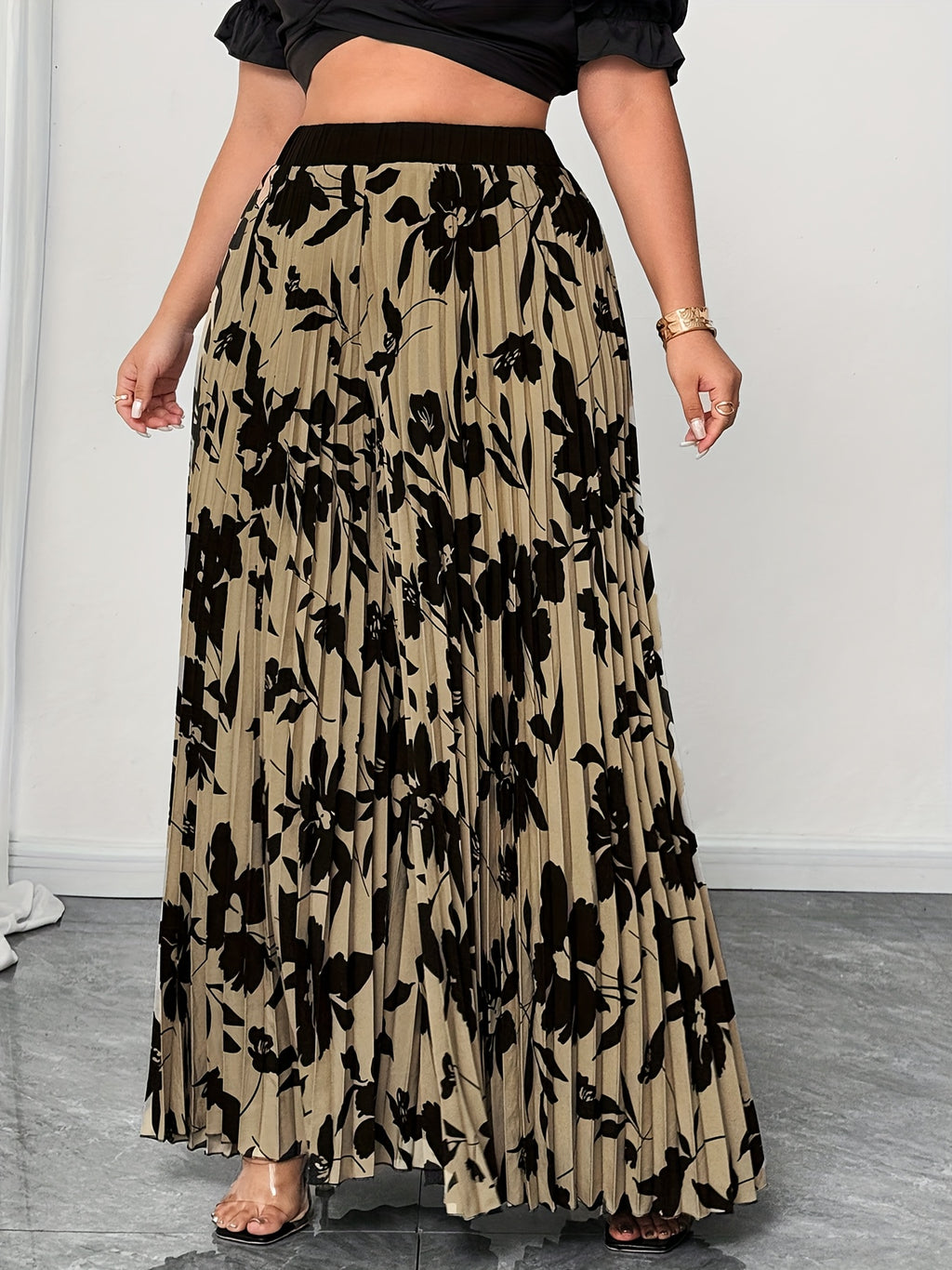 Plus Size - Elegant Floral Print Wide Leg Pants for Women | Non-Stretch Fabric, Pleated Detail, Loose Fit, Suitable for Spring/Fall Season - Multicolor