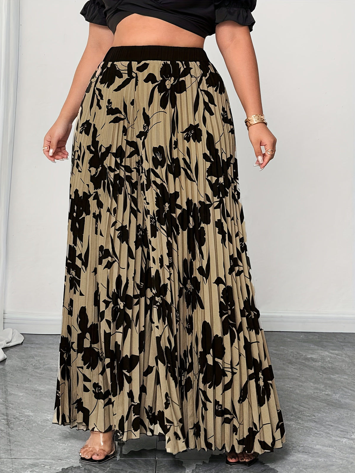 Plus Size - Elegant Floral Print Wide Leg Pants for Women | Non-Stretch Fabric, Pleated Detail, Loose Fit, Suitable for Spring/Fall Season - Multicolor
