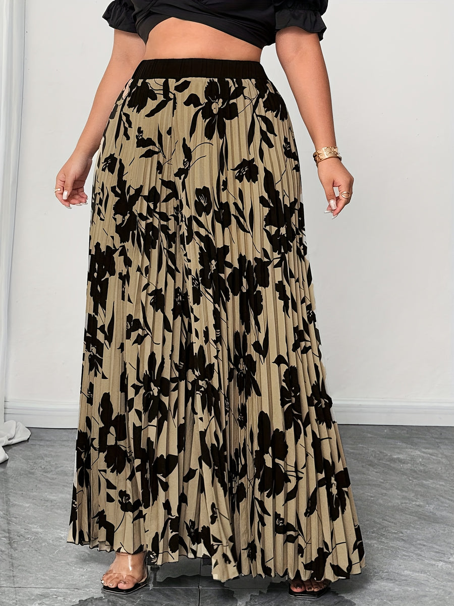Plus Size - Elegant Floral Print Wide Leg Pants for Women | Non-Stretch Fabric, Pleated Detail, Loose Fit, Suitable for Spring/Fall Season - Multicolor