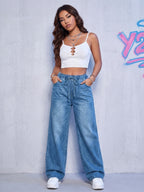 Fashion High-Waist Elastic Waist/Drawstring Waist/Light Blue Loose Comfortable All-Match Casual Wide-Leg Women'S Jeans, Classic All-Match Floor-Length Trousers, Casual Outing/Home/Commute/Y2K/Office Wear/Women'S Denim Trousers - Vibrant Blue