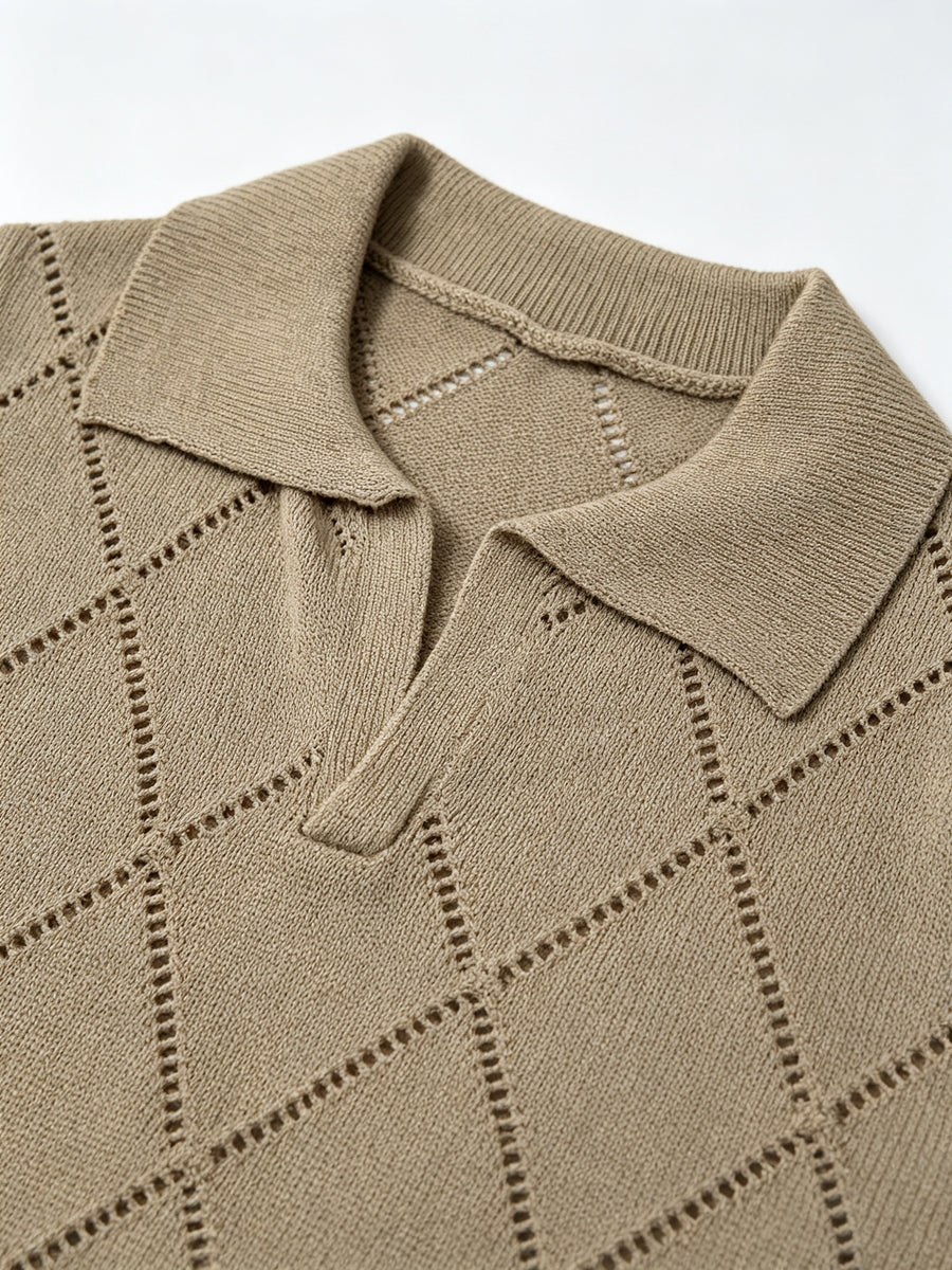Men's Polo Collar Short Sleeve Knit Shirt, Textured Knit Top, V-Neck Lapel, Breathable Casual Pullover - Khaki