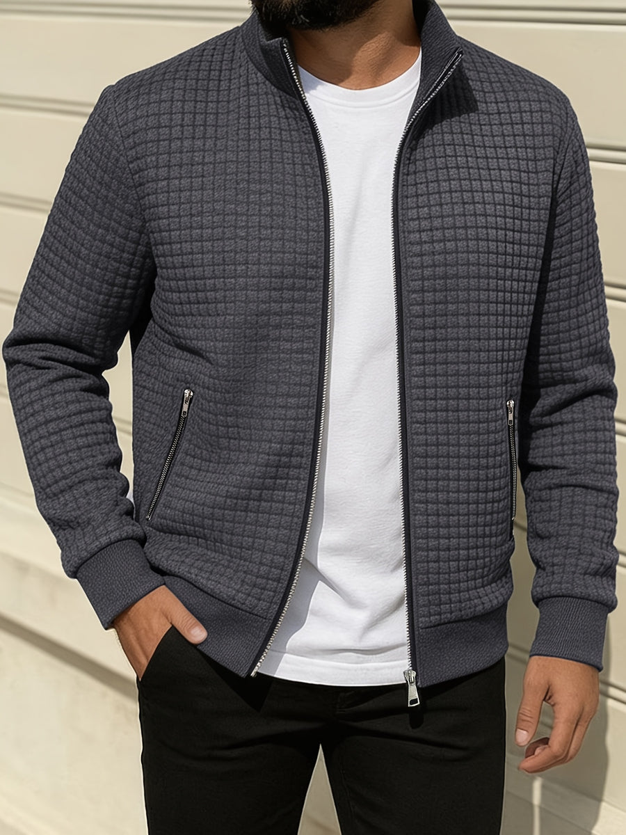 Spring/Autumn New Men's Solid Color Lapel Waffle Knit Long Sleeve Zipper Jacket, Comfortable and Breathable Outdoor Sports Men's Outerwear, Practical Jacket - Grey