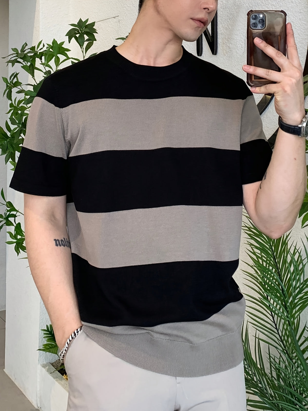 Men'S Premium Textured Striped Crew Neck Knit Sweater | Easy Color Block Slim Fit Short-Sleeved Sweater | European And American Minimalist Style Everyday Versatile Knit T-Shirt - Mixed colors
