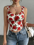 2026 New Sexy V-Neck Red Rose Print Summer Slim Fit Tank Top - White