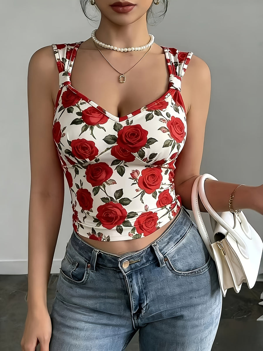2026 New Sexy V-Neck Red Rose Print Summer Slim Fit Tank Top - White