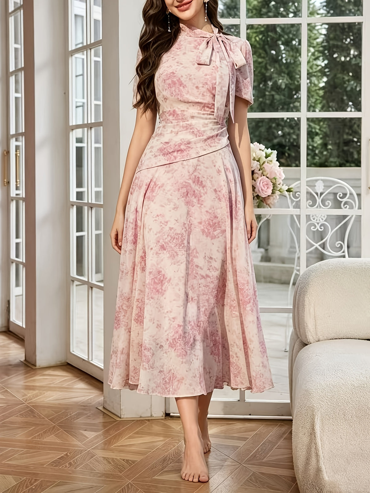 Women'S Dress, Fashion Stand Collar Tie-String Holiday Long Dress, Elegant Printed Fitted Short Sleeve Dress - Pink