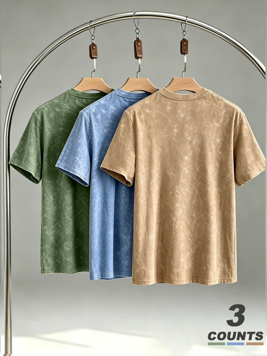 Street Style Distressed Washed Crew Neck Short Sleeve T-Shirt Men's 3pcs Set King Print Casual Top - Green + Light Blue + Khaki