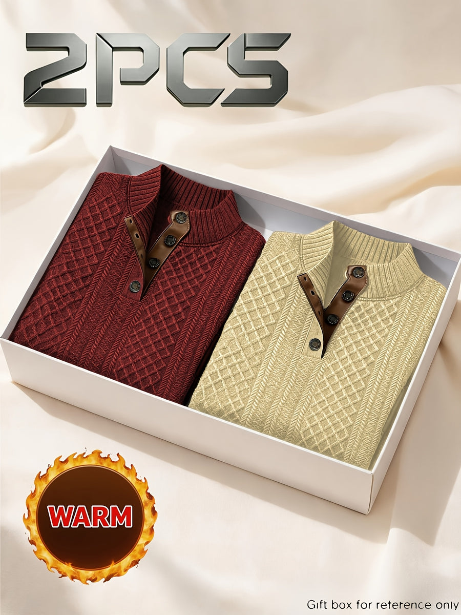 2pcs Men'S Autumn Winter Season Knit Jacquard Long Sleeve Top, Fashionable Small Stand Collar Color Block And Niche Metal Button Design, Warm Knit Casual Sweatshirt, Solid Color Long Sleeve Thick Soft Warm Fleece, Men'S Polo Athletic Sweater - Red + Khaki