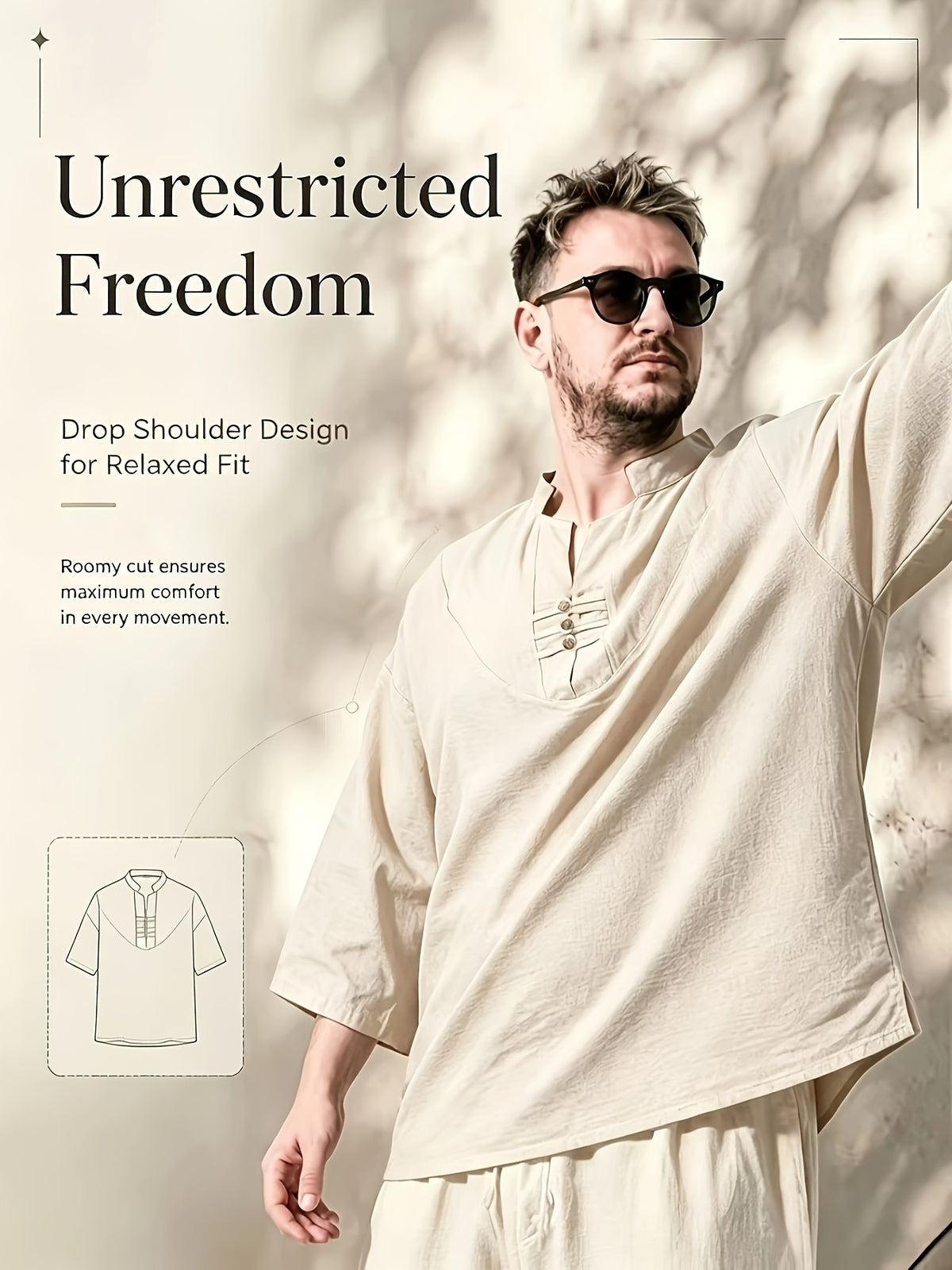 2pcs/Men'S Casual Shirts, New Linen V-Neck Casual Pullover Shirts for Daily Casual Wear, Solid Color 3/4 Sleeve Design, Suitable for Spring, Summer, And Autumn, Quick-Dry Non-Stretch Fabric, Loose Fit, Perfect Gift! - Khaki