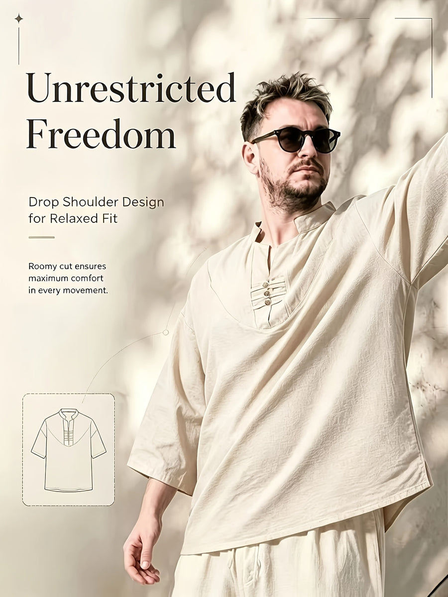 2pcs/Men'S Casual Shirts, New Linen V-Neck Casual Pullover Shirts for Daily Casual Wear, Solid Color 3/4 Sleeve Design, Suitable for Spring, Summer, And Autumn, Quick-Dry Non-Stretch Fabric, Loose Fit, Perfect Gift! - Khaki