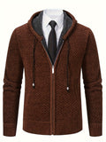 Men'S Premium Knit Cardigan Sweater, Chenille Fabric High Quality Hooded Thick Warm Sweater - Coffee Color